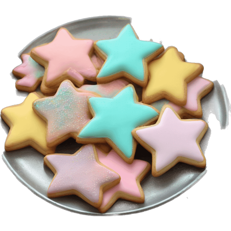 Realistic star shaped cookies and heart shaped cookies with pastel ombre icing and sprinkles piled up on a metallic silver plate. emoji