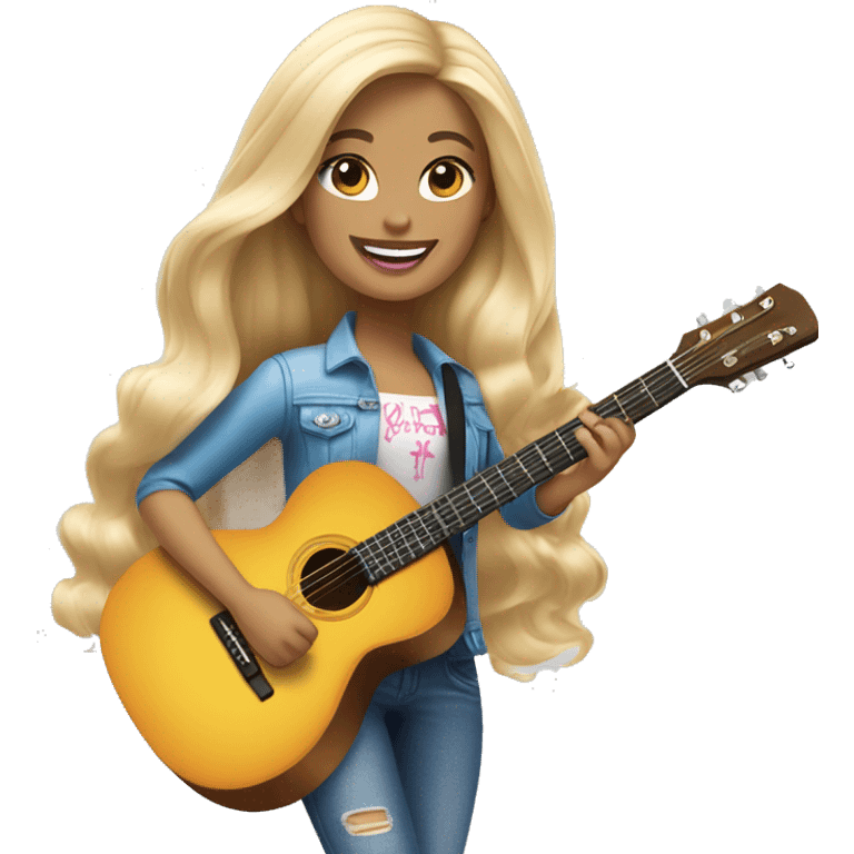 An emoji of a blonde, long-haired Barbie playing a guitar, wearing stylish clothing and smiling confidently emoji