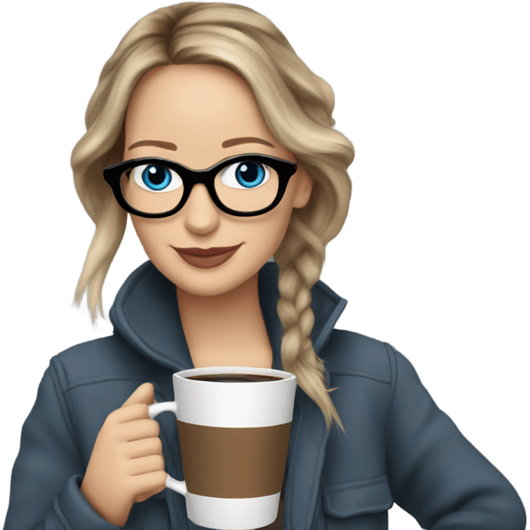 Photo of Brunette Jennifer Lawrence wearing black glasses and blue eyes drinking hot coffee  emoji