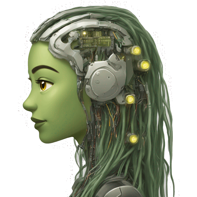 Olive green long hair female cyborg head with circuits emoji