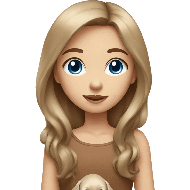 young girl with long brown hair, blue eyes and a biege puppy emoji