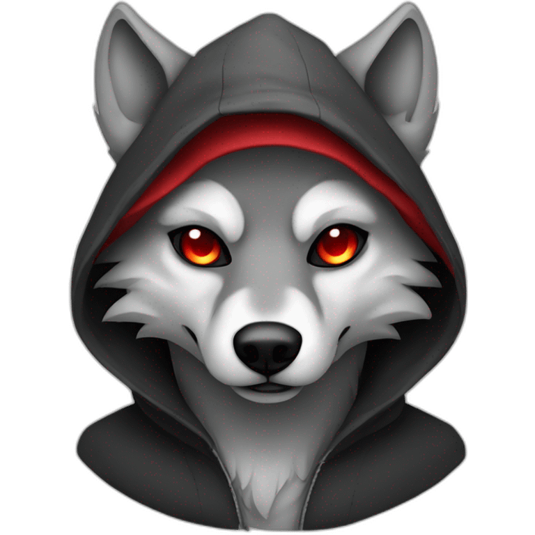 grey wolf with red eyes wearing a black hood holding a sickle emoji