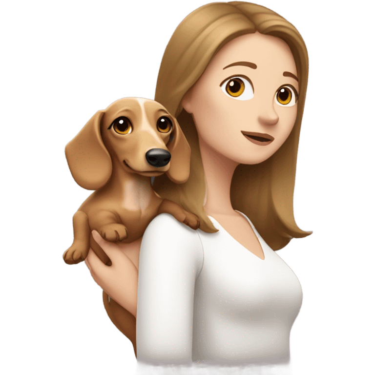 Brown haired woman with white skin wearing white top holding a blonde long haired dachshund emoji