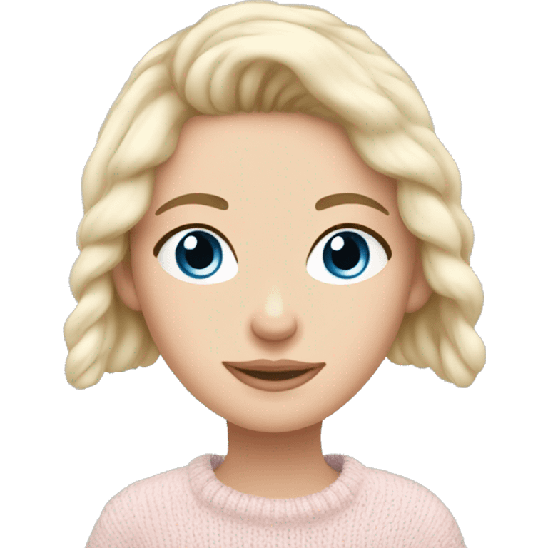 Pretty blue eyed white girl with light pink sweater reading cozy emoji