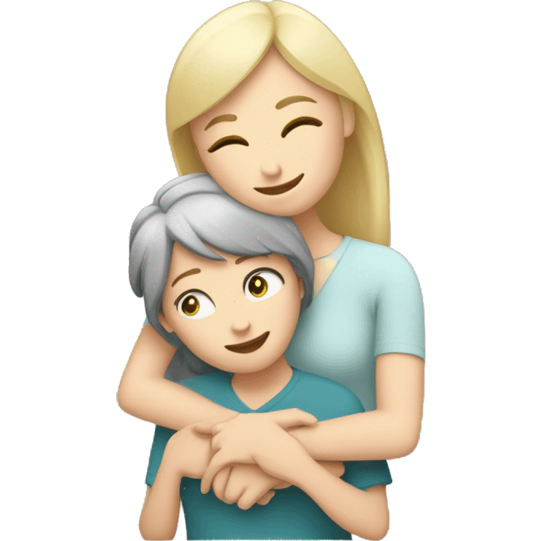 White Mom giving a hug to Caucasian daughter emoji