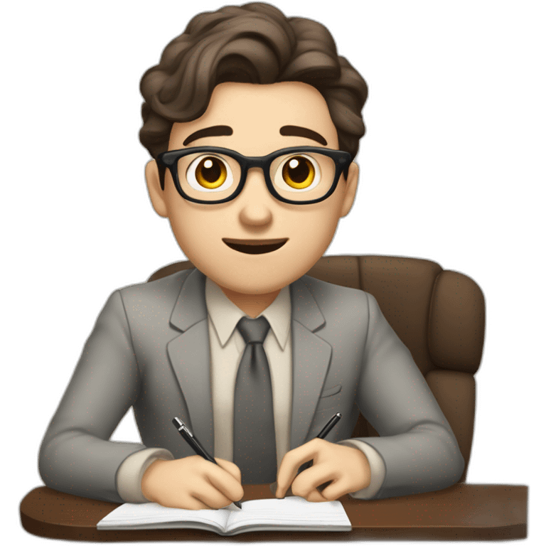 Pale skinned Fit Man With dark brown hair in gray jacket, beige office shirt, Brown pants and vintage glasses sitting In a soft chair with a notebook and a pen Fooling showing his tongue emoji