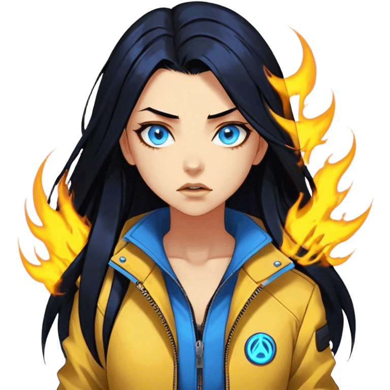 Long Black hair cyberpunk 2077 chibi girl with blazing blue eyes and yellow jacket from the animation show cyberpunk edge runners. All emotion reactions emoji