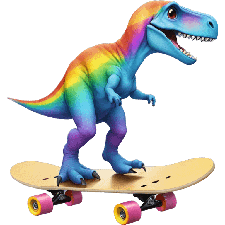 Dinosaur on skateboard on a rainbow emoji