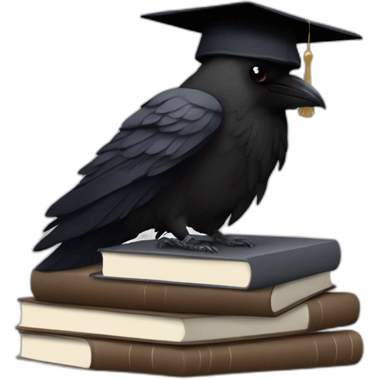 raven in student cap with a stack of gray and brown books emoji