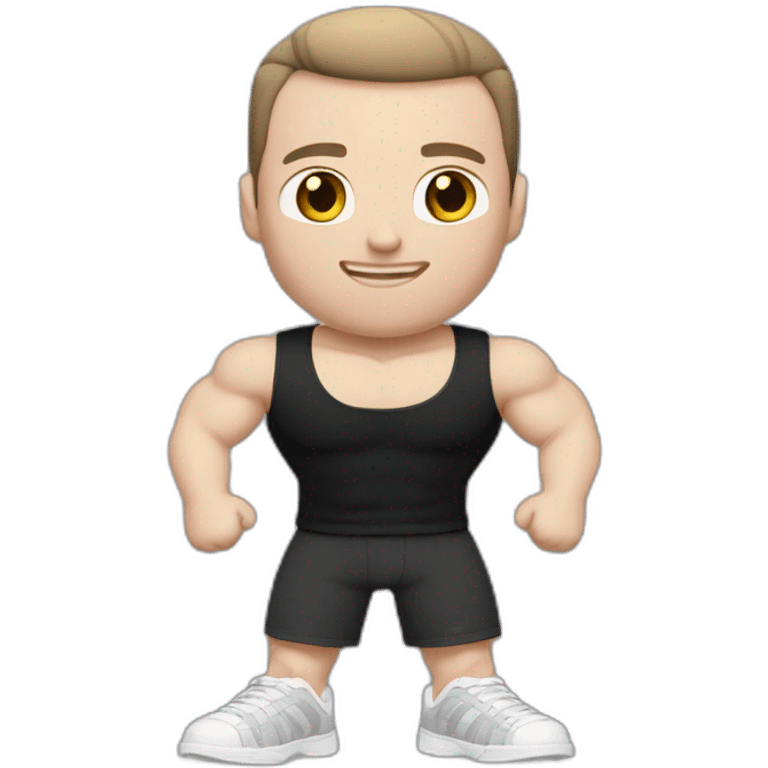 Pale skinned Fit Man With the biceps and dark brown hair in black shirt, gray sports shorts and white Sneakers emoji