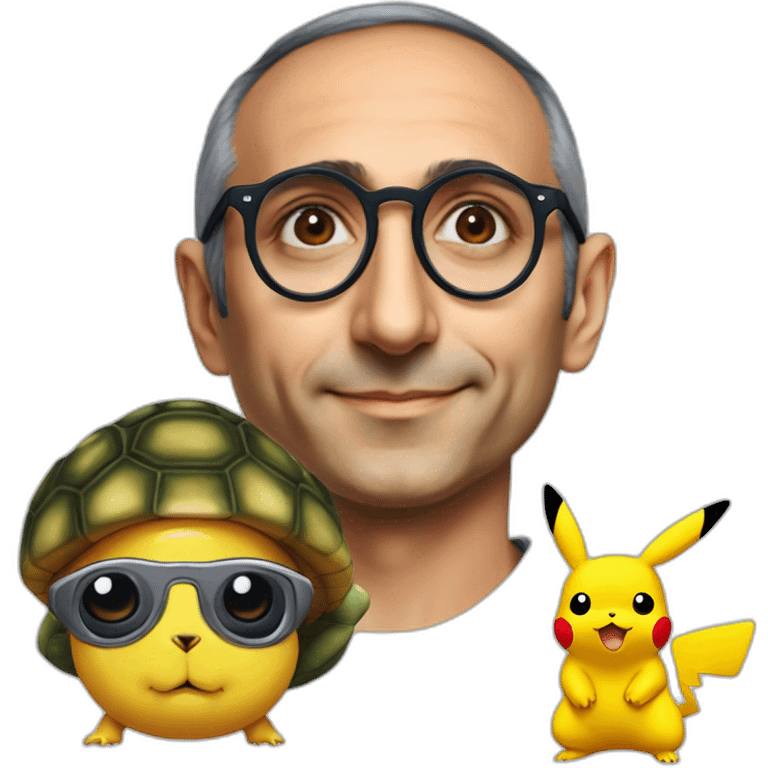 Eric Zemmour avec des lunettes de soleil sur une tortue géante et un Pikachu avec un canon emoji