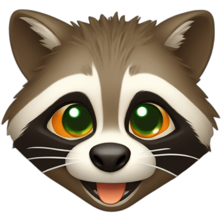 brown raccoon with orange eyes and a dark green hood that is laughing emoji