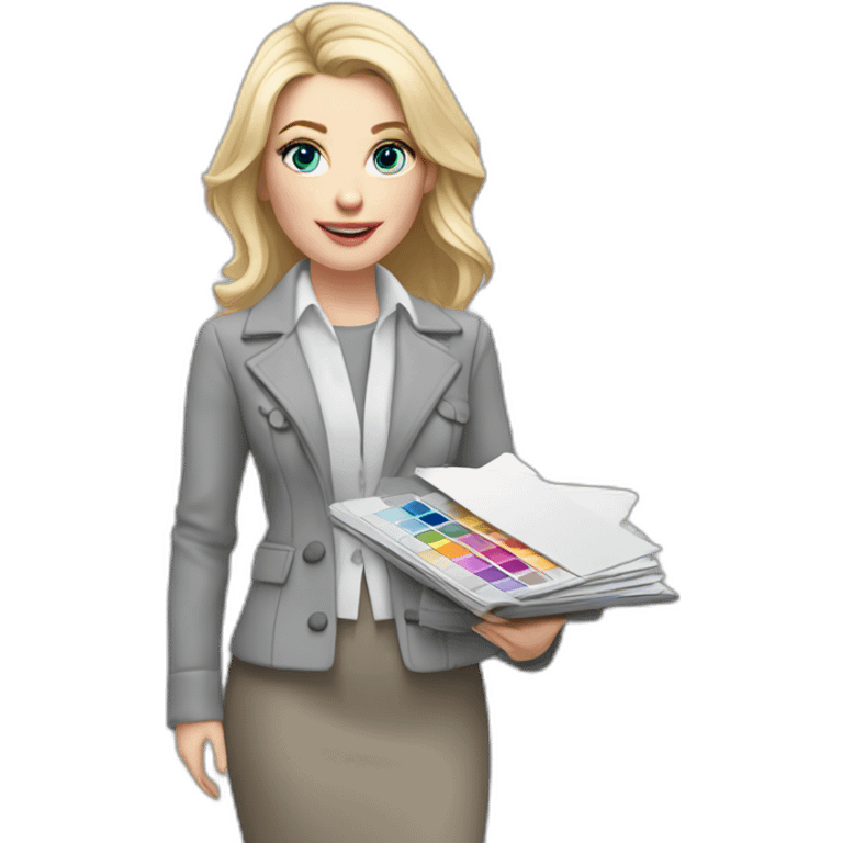 pale skin woman interior designer with cold blonde middle length hair, blue eyes, White blouse, Gray oversize jacket, Gray skirt holding a color palette in the hands emoji