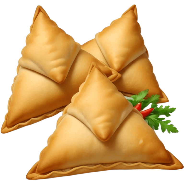 Cinematic Realistic Samosas Dish Emoji, depicted as golden, crispy pastry pockets filled with spiced vegetables rendered with detailed textures and appetizing lighting. emoji