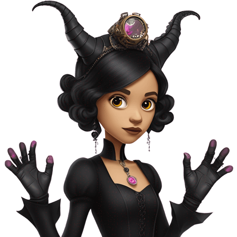 standing flirty Lavish black evening gown with see-through gloves, Jenna Ortega as Addams woman wearing a steampunk mini tiara, very large blood moon pink evil-looking horned old dragon emoji