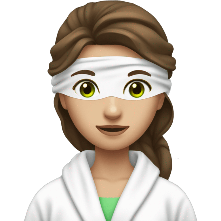 A girl with brown hair and green eyes wearing a mask on her face, a white towel on her head and a white bathrobe emoji