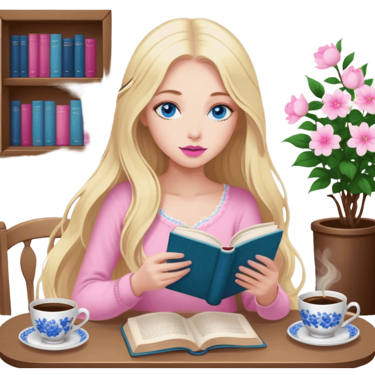 cinematic realistic blonde with long hair, blue eyes, pink lips, sitting in a cozy atmosphere, reading a book, next to the table is a cup of coffee with delicate floral ornaments emoji