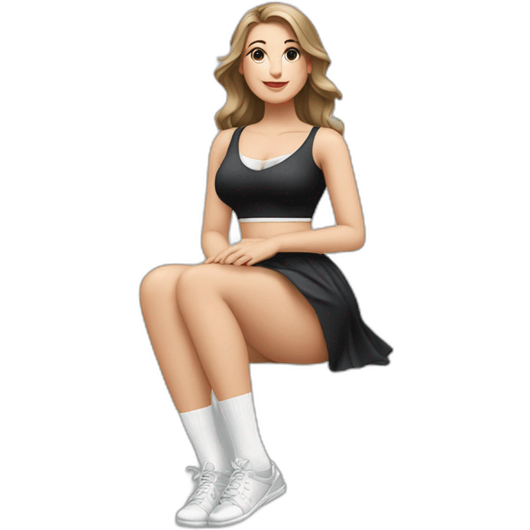 Front view full body curvy caucasian beauty sitting straight hands up black skirt white knickers white socks emoji