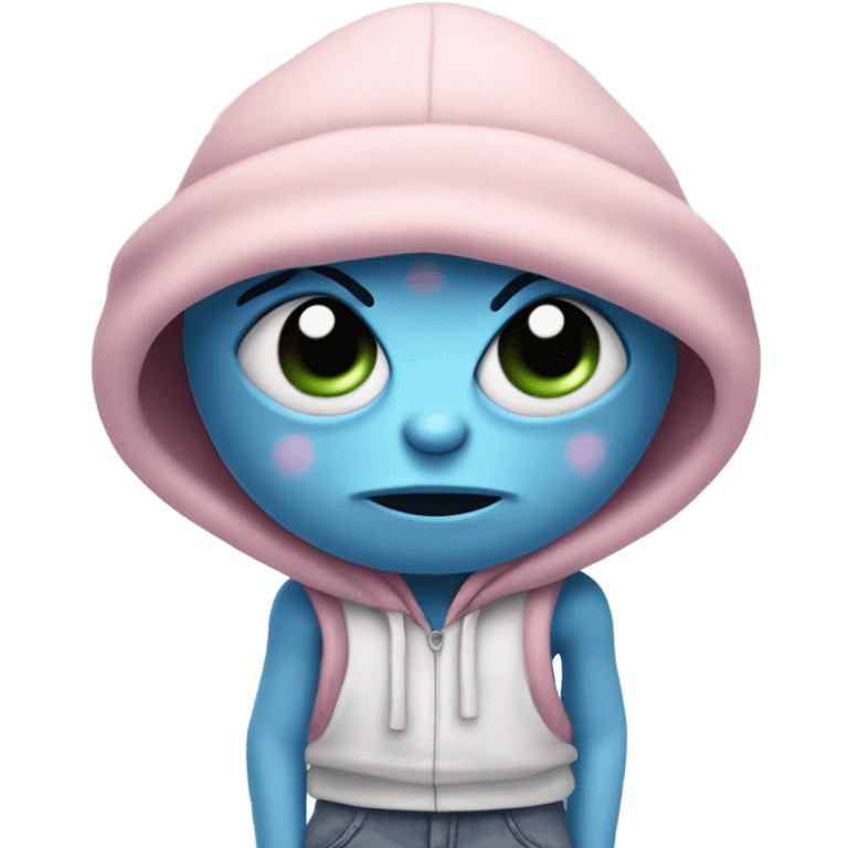 Light pink white and blue alien with a beanie, baggy pants and scars across the chest  emoji