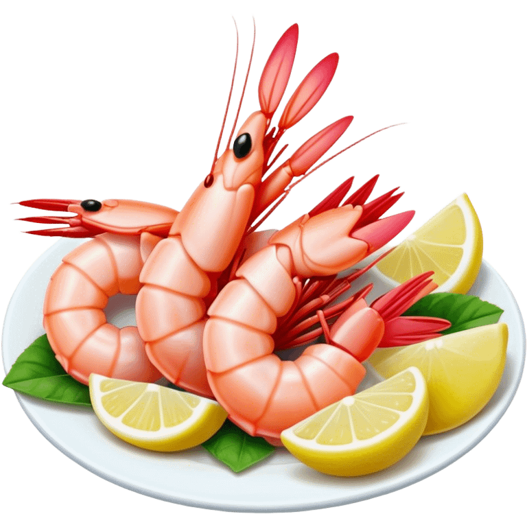 Cinematic glistening shrimp, pink and juicy, slightly curled with a light char, served with lemon wedges, ultra-detailed and fresh, warm glowing background. emoji