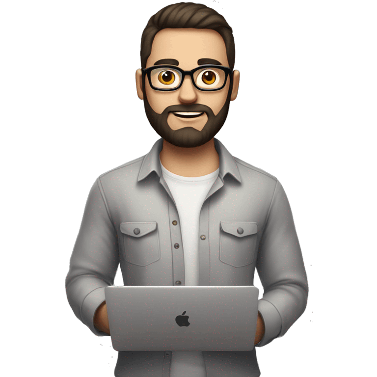 Emoji man with beard holding macbook in hands wearing glasses and shirt, profession - graphic designer. Features: white skin, weight 100 kg, dark hair, age 21 years, earring in left ear emoji