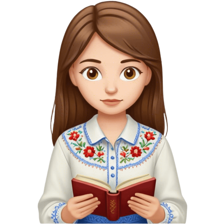 A Ukrainian girl with brown hair in an embroidered shirt reads a book emoji