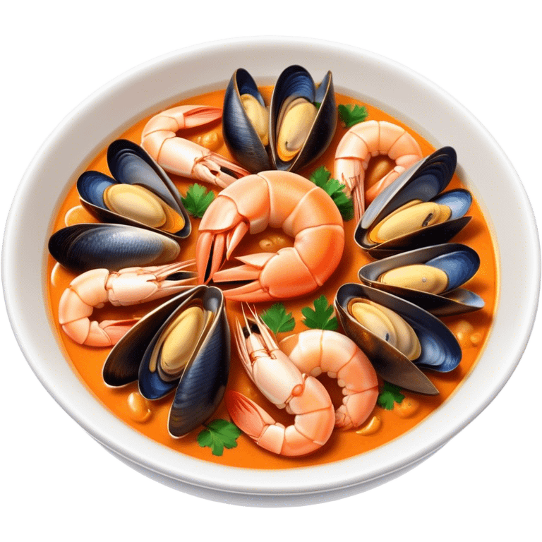 Cinematic Realistic Buzara Seafood Dish Emoji, depicted as a rustic, flavorful seafood stew with shellfish rendered with rich textures and dynamic, maritime lighting. emoji