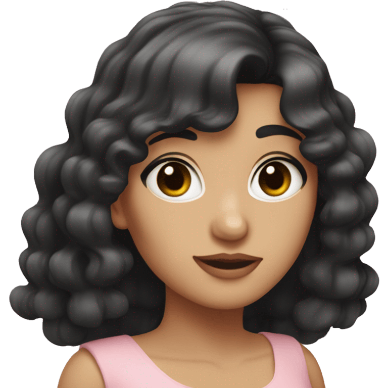 White woman with long black curly hair and bangs and dark brown eyes, wearing a pastel pink dress emoji