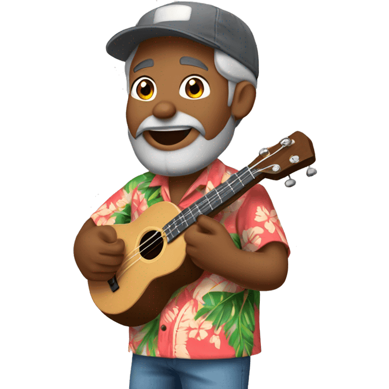 dark-skinned native hawaiian man h playing ukulele age 57 with hawaiian shirt shorts beard with cap and hair with a little gray hair, emoji