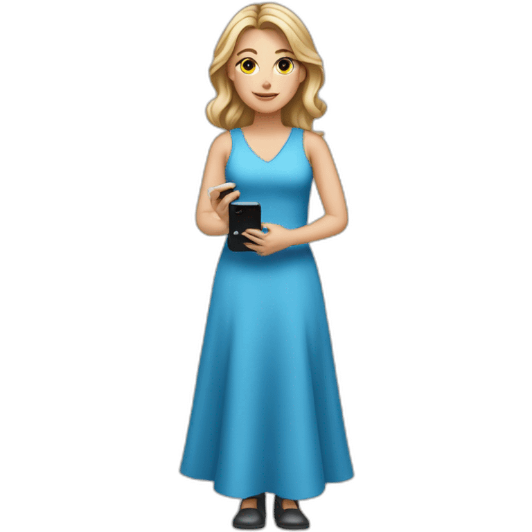 a white girl in a blue dress holding a cell phone emoji