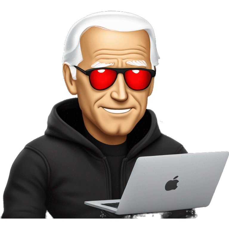 joe biden in a black hoodie with bright red glowing laser eyes typing on a macbook, joe biden emoji