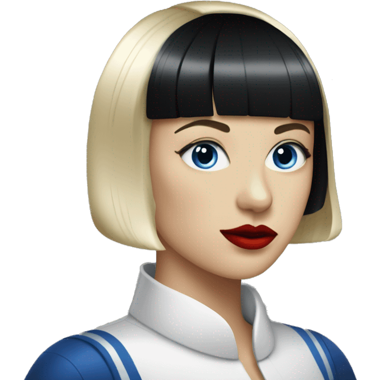 And adult white woman with blue eyes, a black bowl cut haircut, and red lips emoji