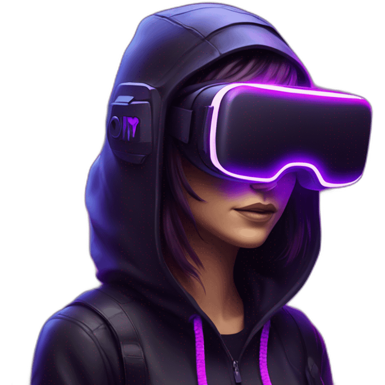 Cathie Wood wearing a black hoodie with "OMG" letters on it and VR headset in a cyberpunk VR environment with violet neon lighting. emoji