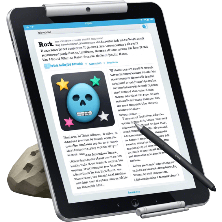 Create an emoji representing fanfiction writing. The design should feature a tablet with a screen displaying images of rock and movie stars, symbolizing the inspiration from popular culture. Next to the images, there should be visible text representing the fanfiction being written. A stylus should be placed near the tablet to emphasize the act of writing. Use a creative and expressive color palette with vibrant and neutral tones. Do not include any emojis or smiley faces. Make the background transparent. emoji