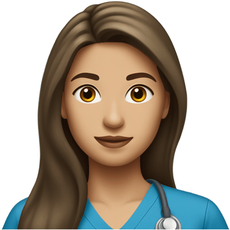 Nurse, woman, long brunette hair, no hat, blue scrubs emoji