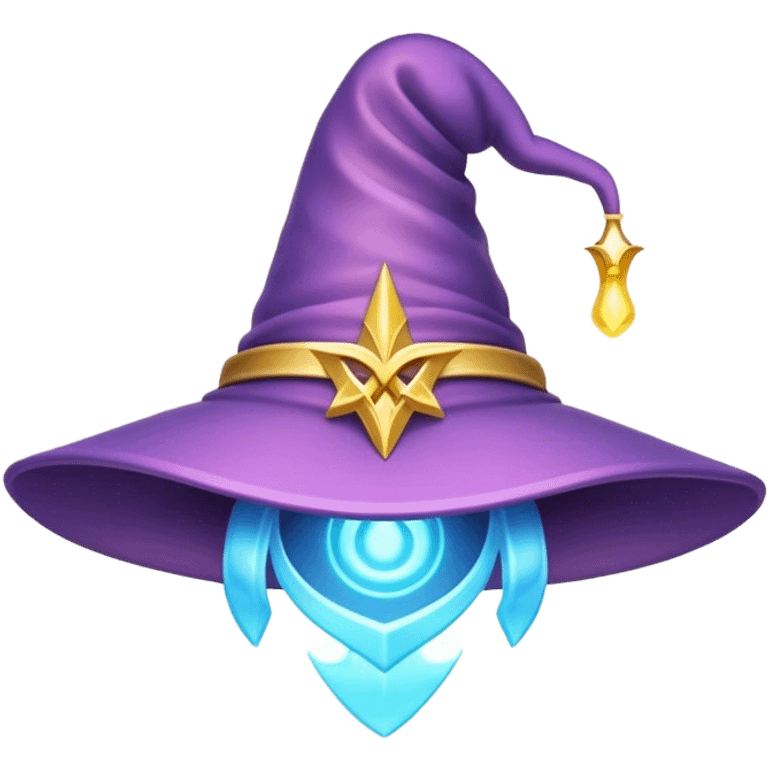 Clash of Clans aesthetic: Cinematic Playful Wizard's Hat Emoji, rendered in a 3D vector-style similar to standard emojis with minimal shading and bold, simplified shapes. A compact, isometric pointy hat with a wide brim adorned with mystical symbols and subtle enchanted shimmer, softly glowing with a magical whimsical charm. Simplified yet unmistakably iconic, highly detailed and consistent, glowing with a soft radiant glow and high shine. Stylized with a touch of classic sorcery and a soft glowing outline, capturing the essence of a legendary wizard’s hat with a friendly, playful manner! emoji