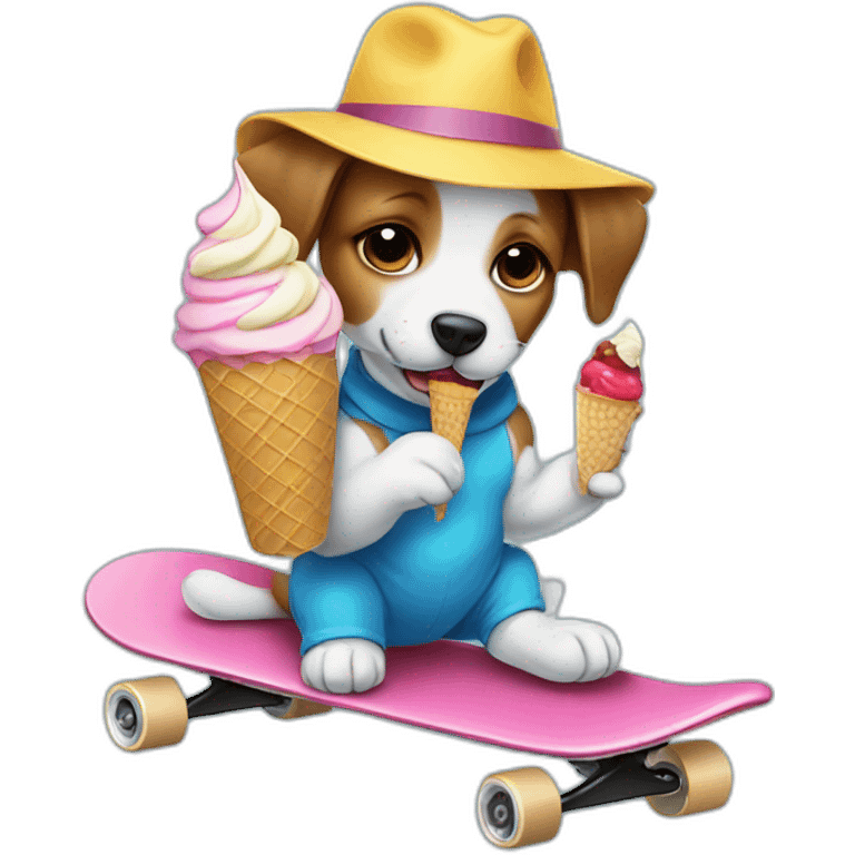 Puppy wearing a hat eating ice cream on a skateboard emoji