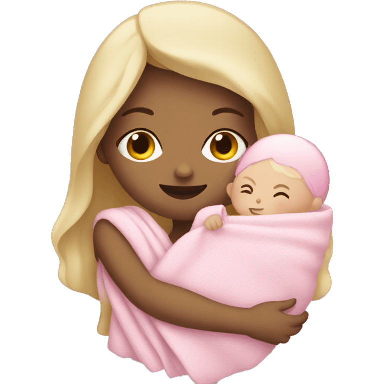 Woman with pale complexion holding a baby with a pink blanket emoji