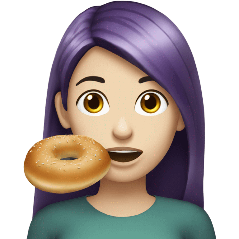 Aubergine hair long girl pale skin eating bagel  emoji