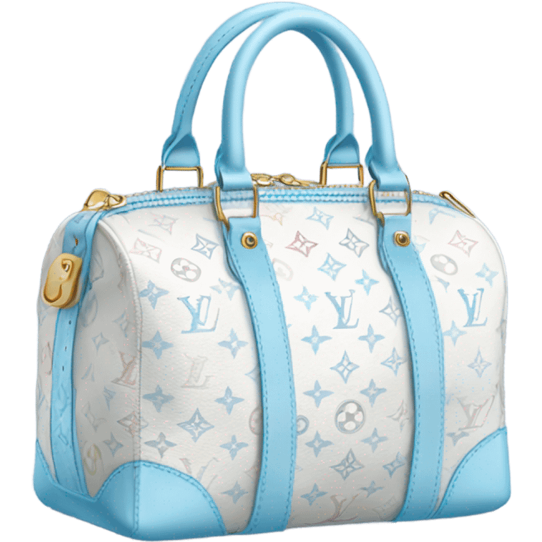 White Designer Louis Vuitton bag with baby blue monogram and baby blue trim emoji