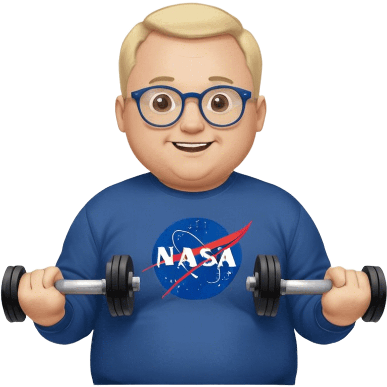 happy chubby man, lifts weights,  blond short and hight receding hairline, wearing a dark blue sweatshirt, nasa logo on the sweatshirt, round glasses without frame, 40 years old emoji