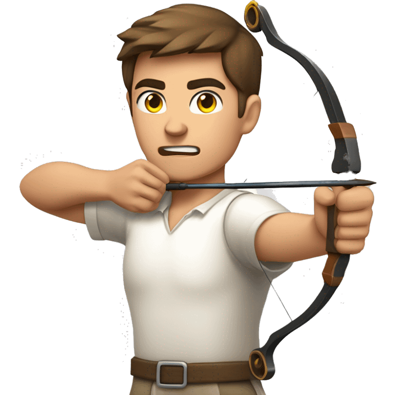 a male archer aiming with a bow facing  his target, eyes closed, wearing a white shirt, very short brown hair, bright skin, only show upper part of the body from waist up emoji