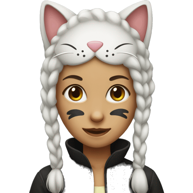 A girl wearing a cat mask and a cat tail emoji