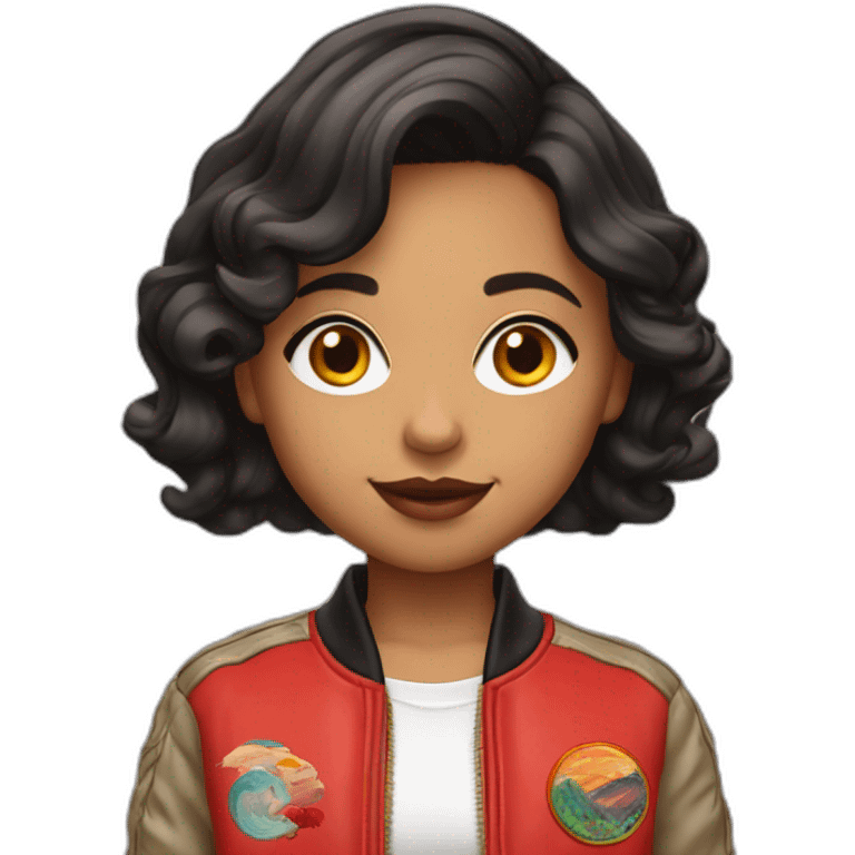 Half indian girl, wavy bob haircut, red bomber embroided jacket emoji