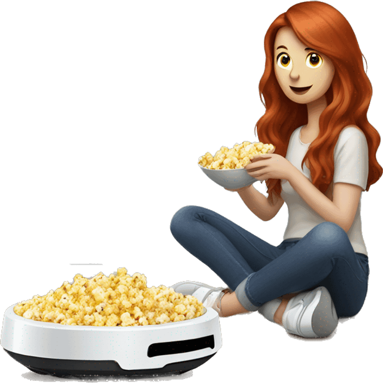 A redhead lady with long hair eating popcorn sitting down watching a robot vacuum  emoji