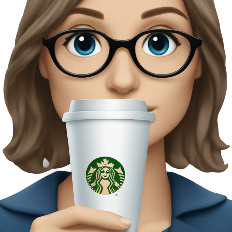 Photo of elegant Keira Knightly wearing bllrrack glasses and blue eyes holding Starbucks  emoji