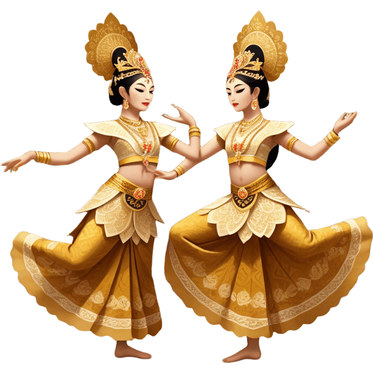 ​Cinematic Realistic Traditional Javanese Dancers, depicted as two graceful dancers in ornate traditional costumes with intricate batik patterns and elaborate headpieces, captured in dynamic poses during a ritual dance in an ancient temple courtyard, rendered with soft golden lighting and rich cultural textures, emoji