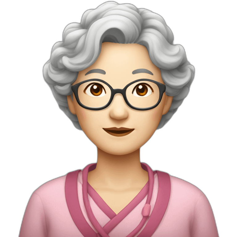 Chinese senior lady where glasses have wavy hair up to the shoulder lightly gray lightly very lightly gray hair and where Chinese style close emoji