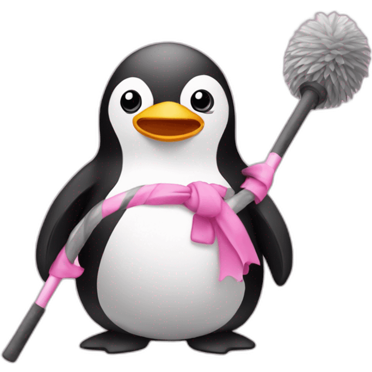 Pinguin holding a pole bar wearing a pink short emoji