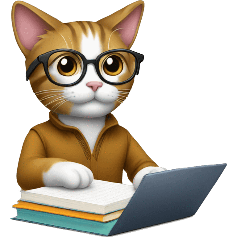 Cat studying, glasses, books, laptop emoji